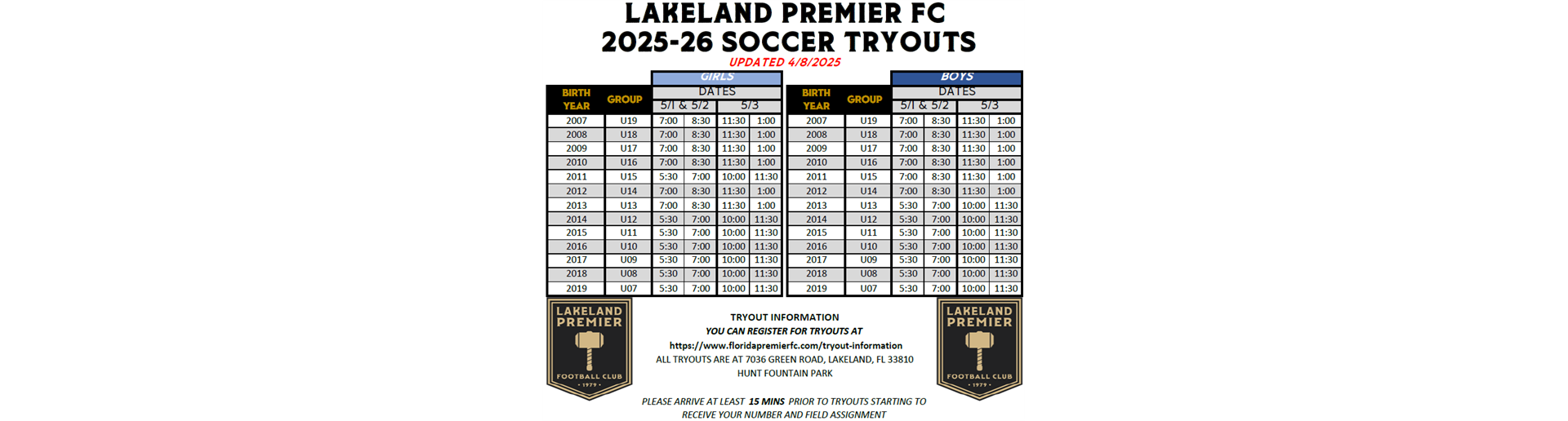 Tryout Schedule