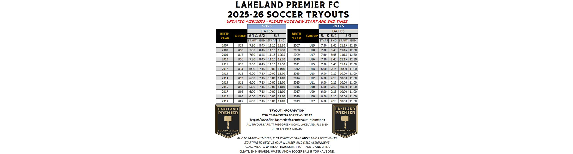 Tryout Schedule
